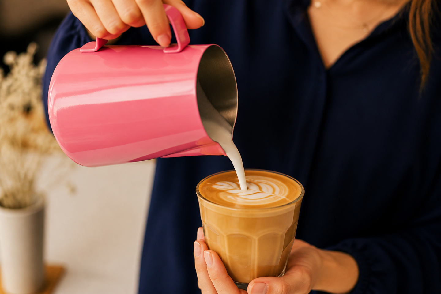Pink milk jug pouring steamed milk into a coffee glass